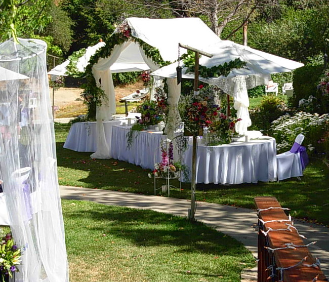 Draped tables and a flower-covered canopy set for a wedding on the lawn